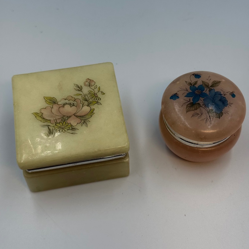 Vintage Lefton Italian Alabaster Trinket Box Lot of 2 Floral Hinged Stone Italy